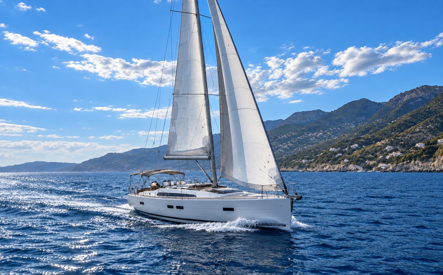 Barca a vela in navigazione lungo la costa