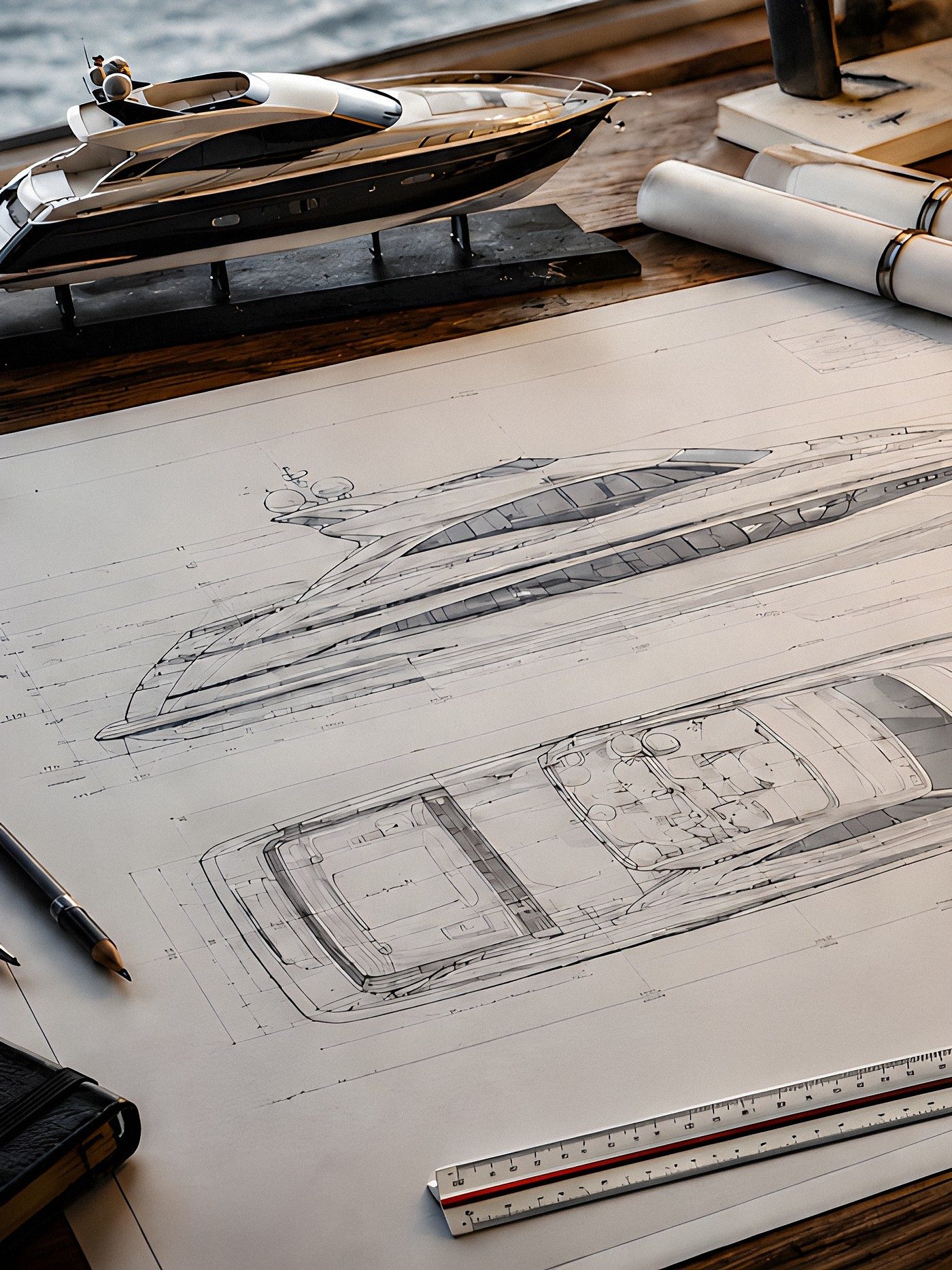 Progetti di uno yacht e modellino su una scrivania da architetto navale