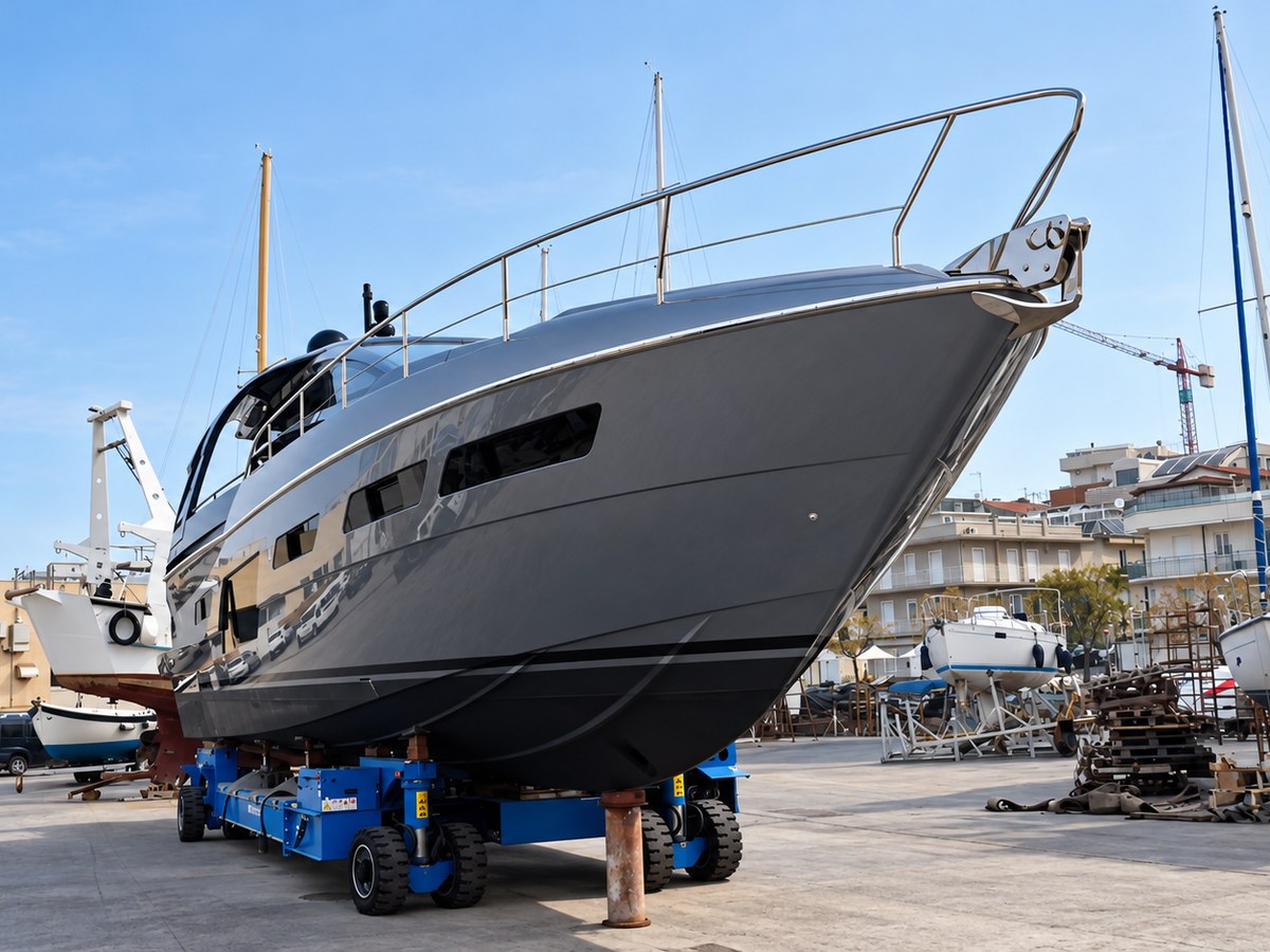 Yacht on a trailer in the boatyard